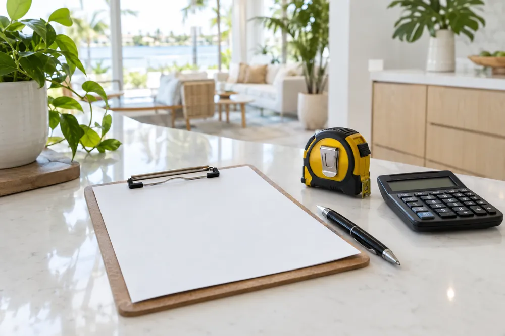 Clipboard, calculator and tape measure on a kitchen counter, ready to price a job