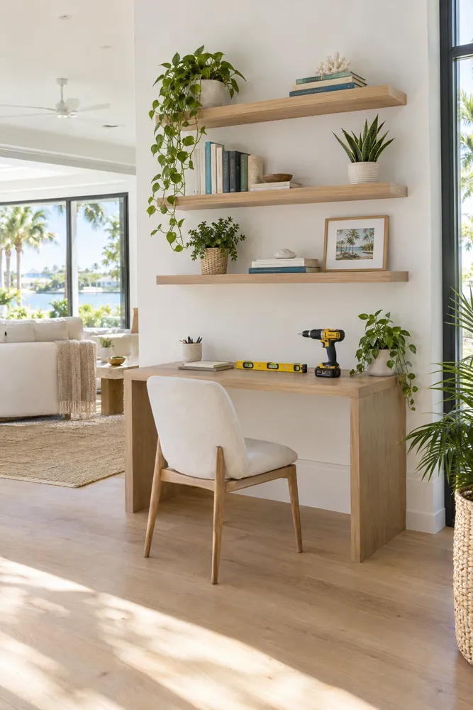 Floating wood shelves with plants above a small home office desk