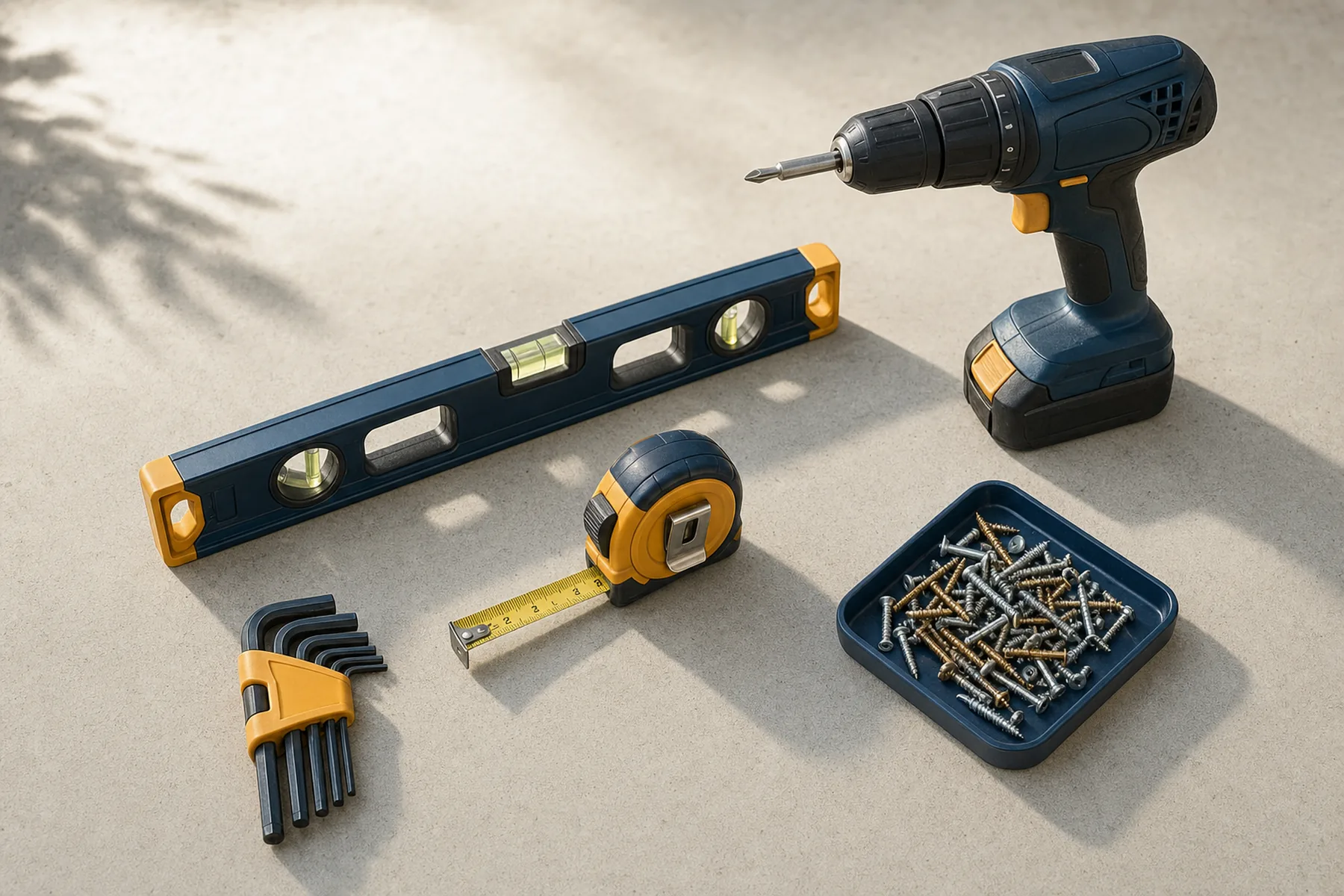 A cordless drill, spirit level, tape measure, hex keys and a tray of screws laid out on a light concrete work surface in bright daylight