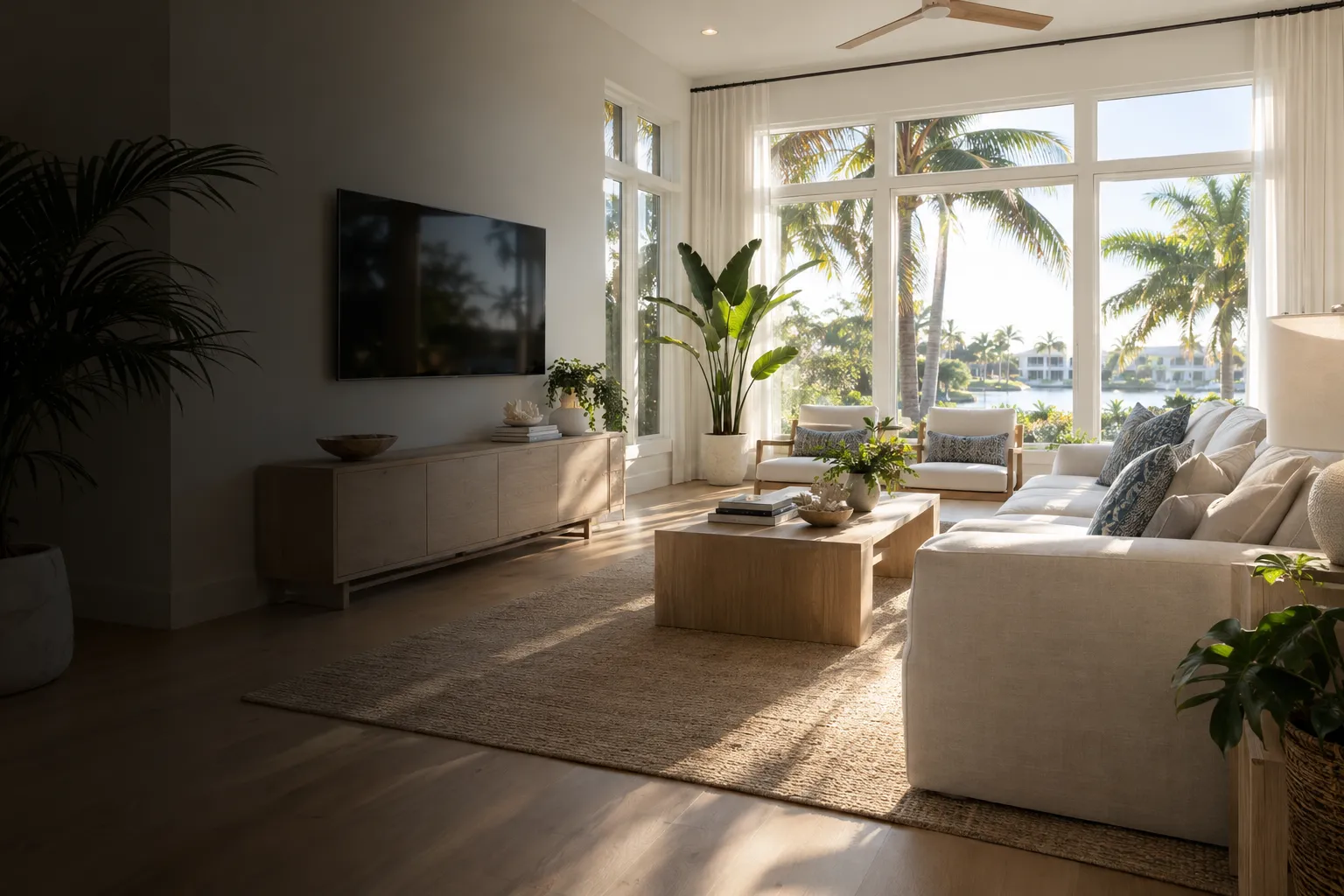Bright Palm Beach County living room with a wall-mounted TV and tall windows looking out on palm trees
