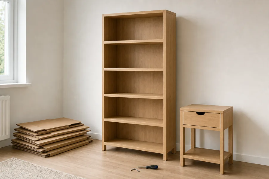 A freshly assembled light-oak bookshelf and matching side table standing in a bright empty room, with flat-pack packaging folded and stacked to one side