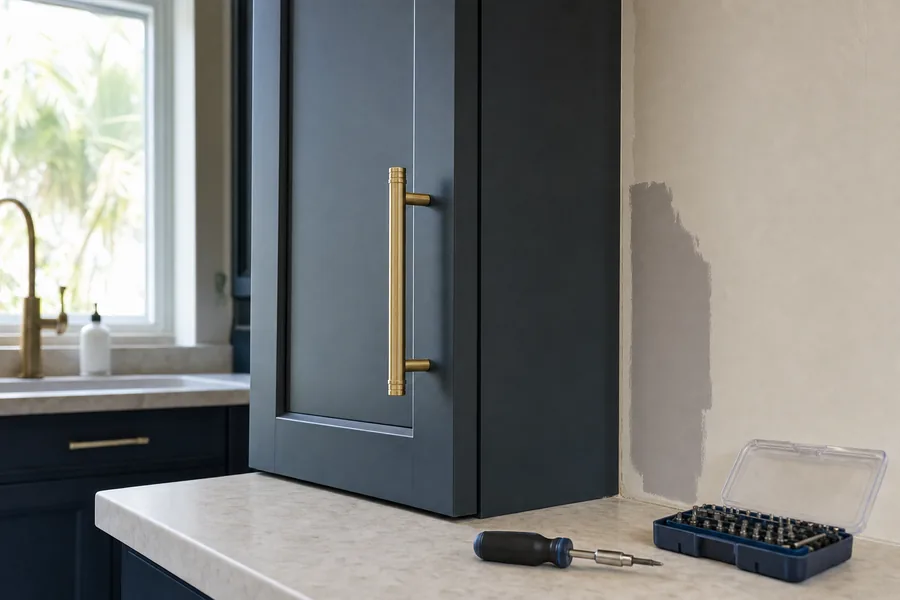 A newly fitted brass handle on a navy kitchen cabinet door, with a screwdriver and bit set on the countertop and a patched section of wall alongside