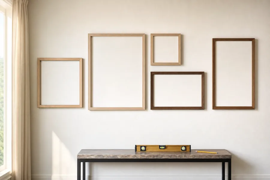 Five empty picture frames in mixed sizes hung level and evenly spaced on a pale wall above a slim console table, with a spirit level and pencil resting on the console