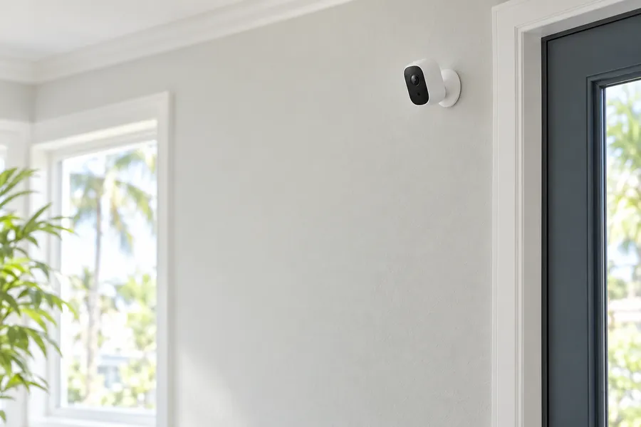 Small white wireless security camera mounted on a light wall near a front door