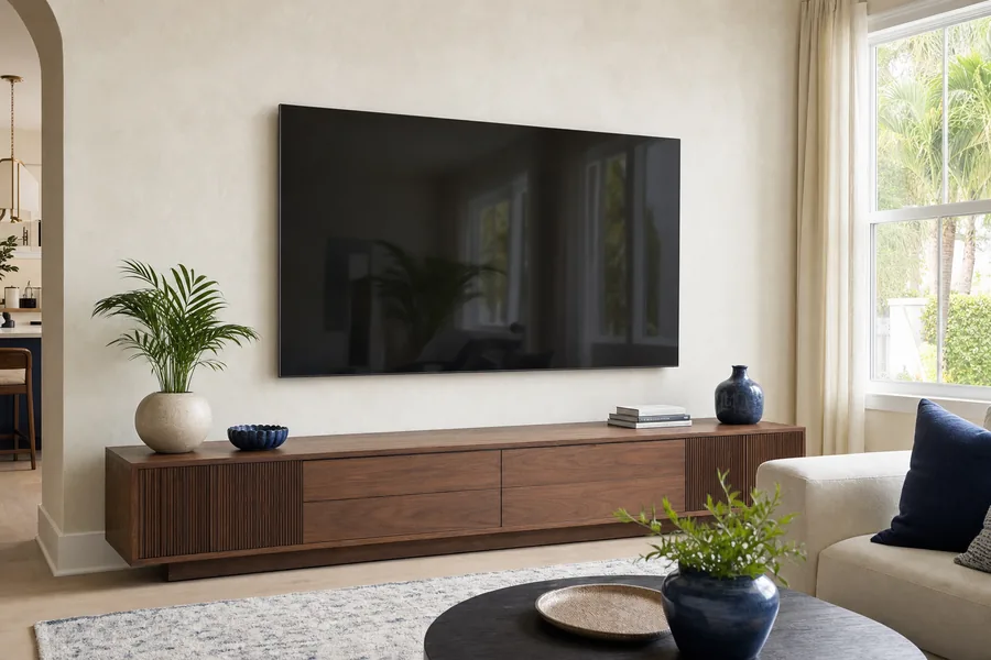A large flat-screen television mounted level on a pale plaster wall above a walnut console in a bright living room, with no visible cables